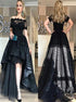 Short Sleeves Black Off the Shoulder Lace Prom Dresses LBQ1536
